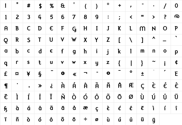 Mercury Bold  glyph index