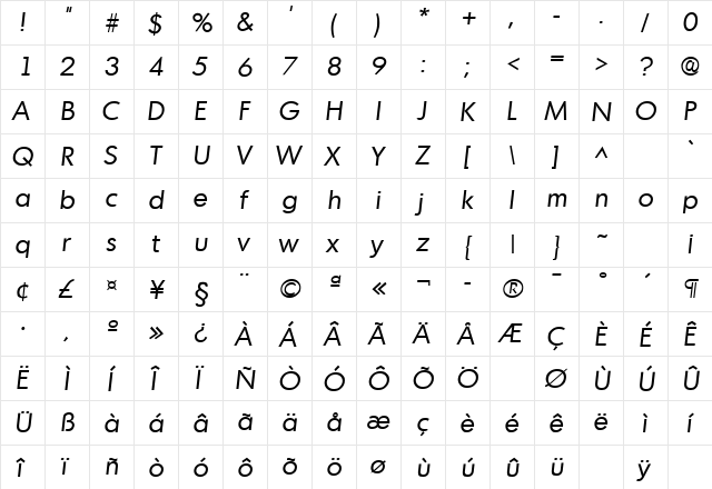 Montreal Italic  glyph index