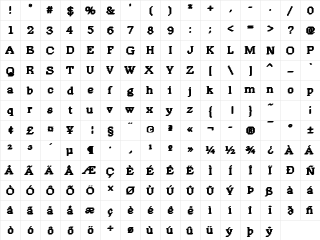 Rough19 Becker Regular  glyph index