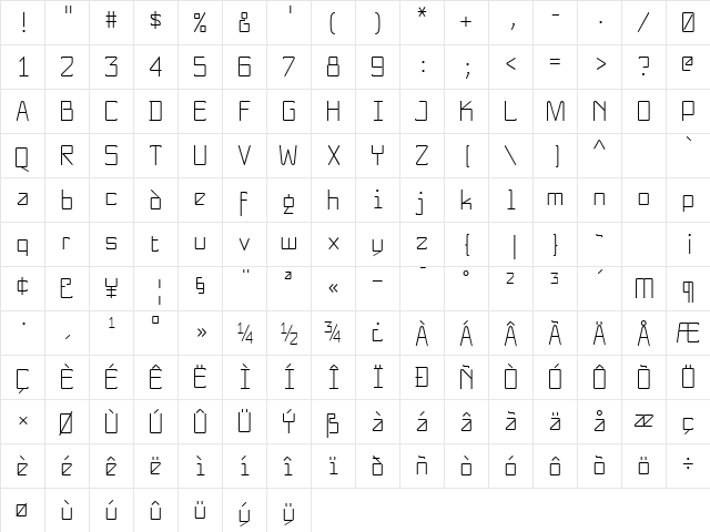 NewNerdishThin Regular  glyph index
