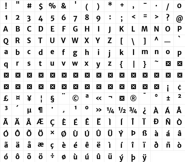 Merriweather Sans Bold  glyph index