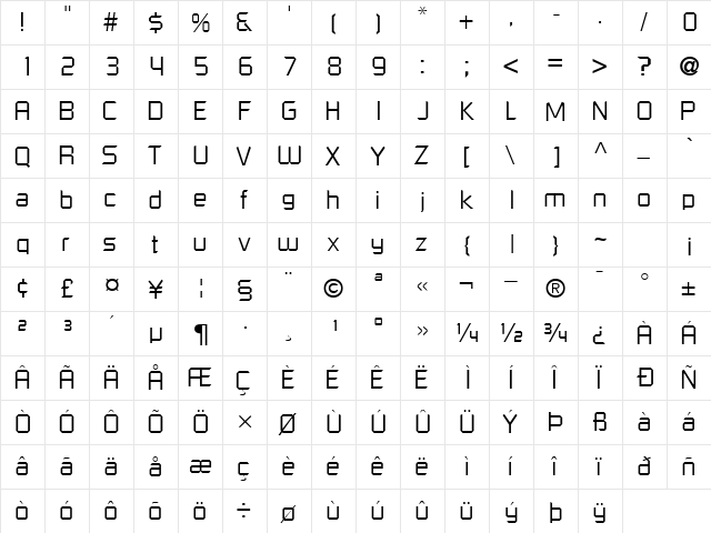 ShoestringLightSSK Regular  glyph index