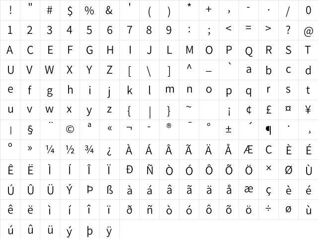 Assistant Regular  glyph index