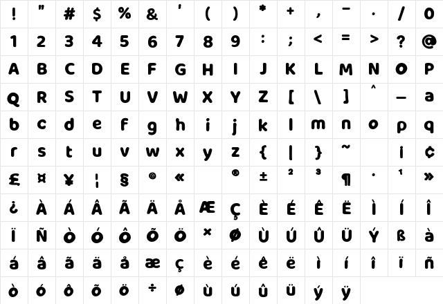 Milky Nice Clean Regular  glyph index