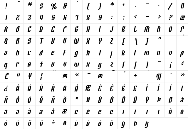 SF Archery Black Oblique  glyph index