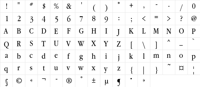 GaramondBookNarrowC Regular  glyph index
