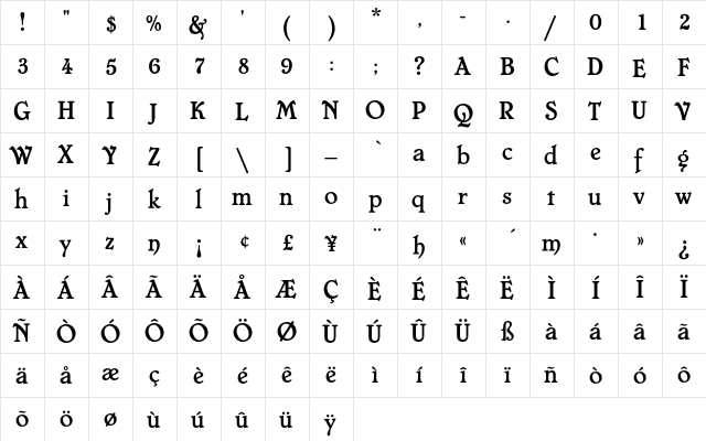 ChesterfieldEF Regular  glyph index
