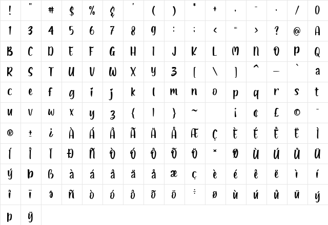 Lovely Kids Regular  glyph index