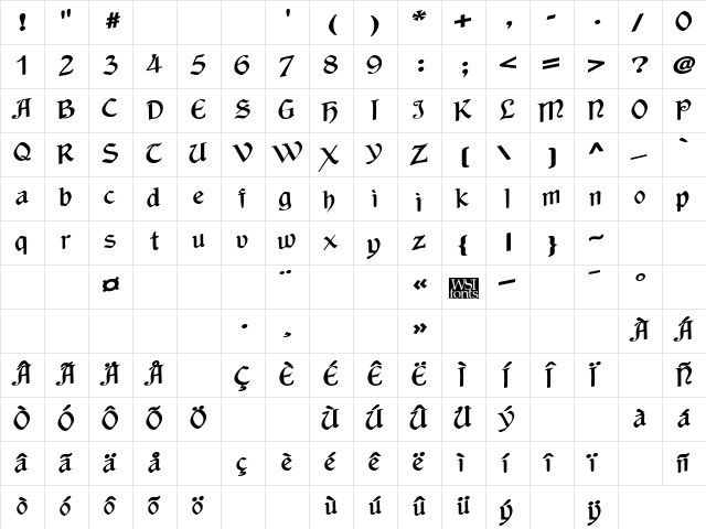 WackyCalligraphic Bold  glyph index