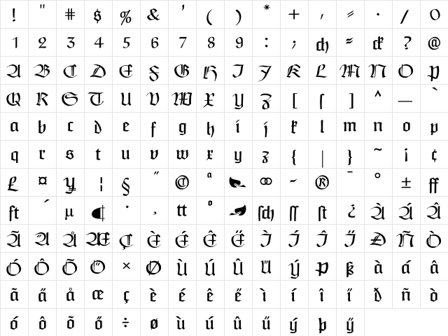 Claudius Headline Regular  glyph index