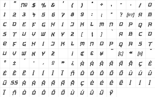 Tipi Electric Inline Italic  glyph index