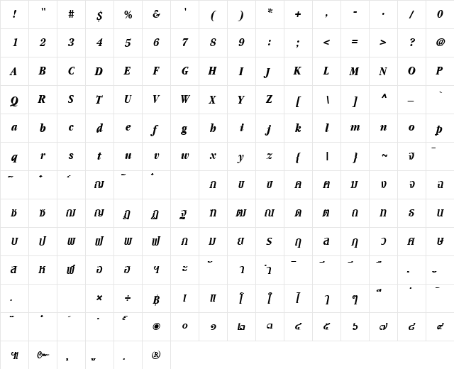 PSL-Siara Bold Italic  glyph index