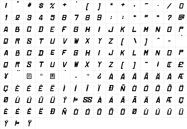 Chinese Rocks Xp Bold Italic  glyph index