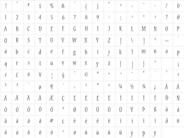 Nueva Std Light Condensed  glyph index
