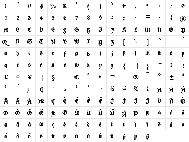 Fette deutsche Schrift UNZ1L Regular  glyph index