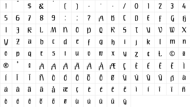 Durango Regular  glyph index