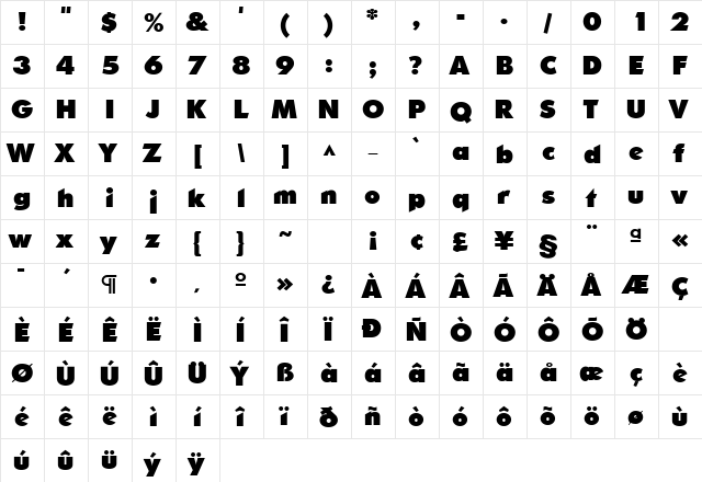 OpineHeavy Regular  glyph index