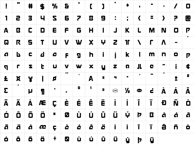 USAngel Condensed Condensed  glyph index
