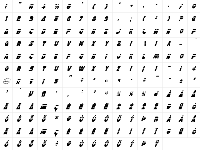 Han Solo Cond Laser Italic Cond Laser Italic  glyph index