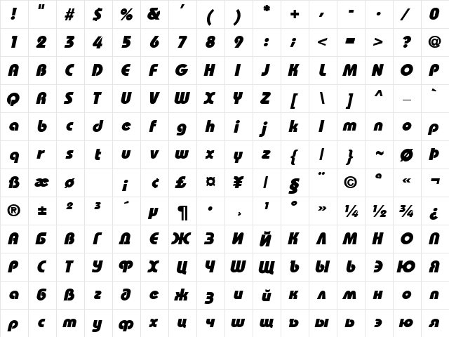 Bahamas Heavy Italic Regular  glyph index