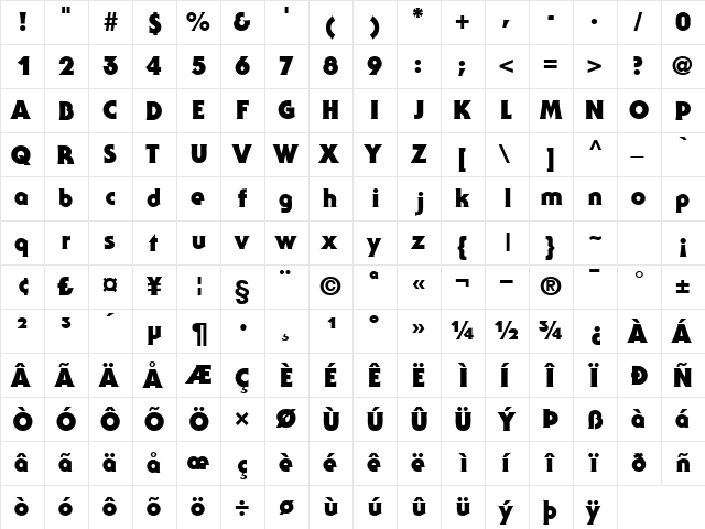 UbiqGothicBlackSSi Bold  glyph index