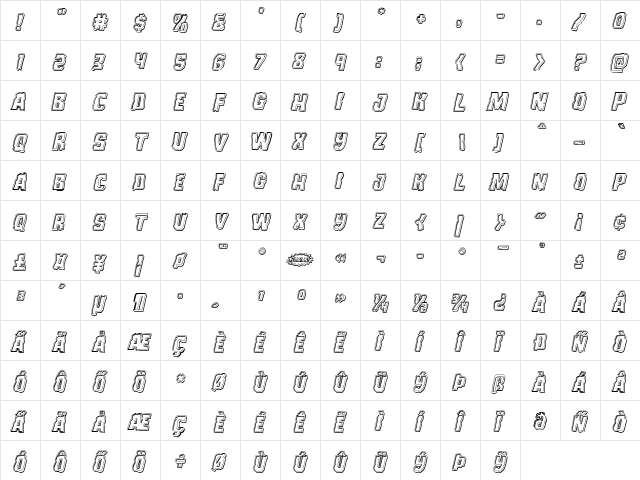 Monster Hunter Engraved Italic Italic  glyph index