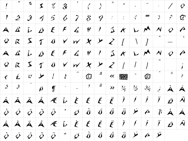 StingerSkewed Regular  glyph index