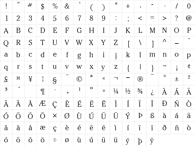 Cheltenham Light  glyph index
