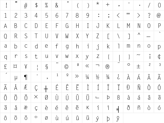 Letter Gothic Regular  glyph index