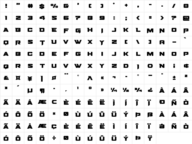 Bomber Escort Regular  glyph index