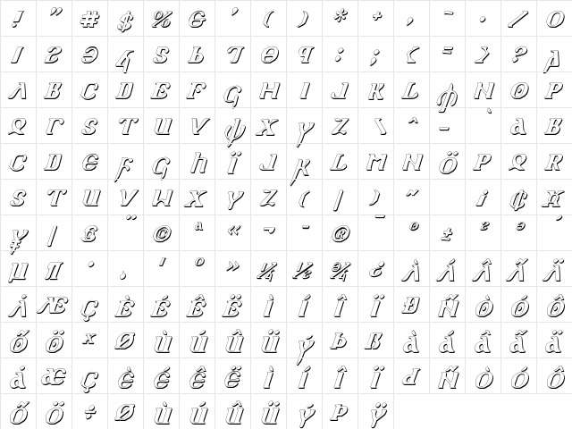 Holy Empire Shadow Italic Shadow Italic  glyph index