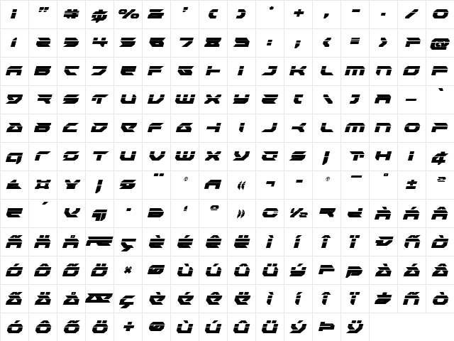 Royal Samurai Laser Italic Italic  glyph index