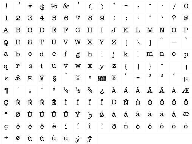 Typist Regular  glyph index