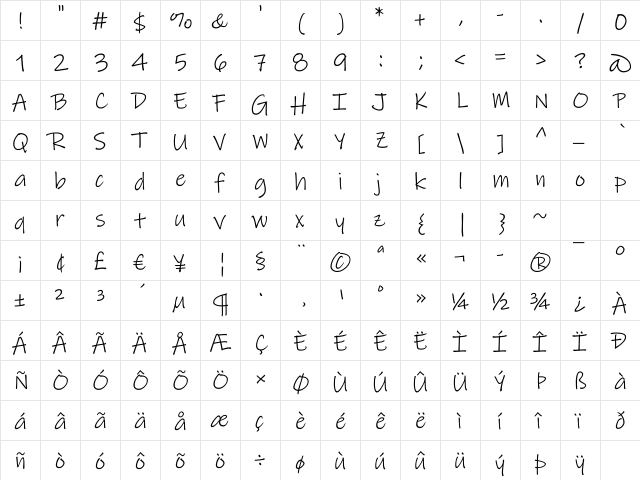 Ink Free Regular  glyph index