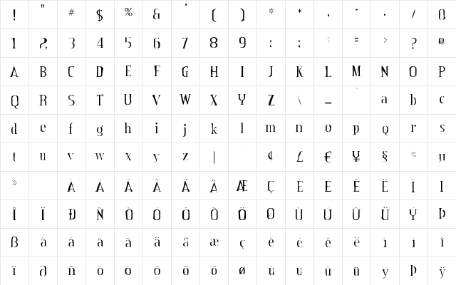 Credit Valley Gaunt Regular  glyph index