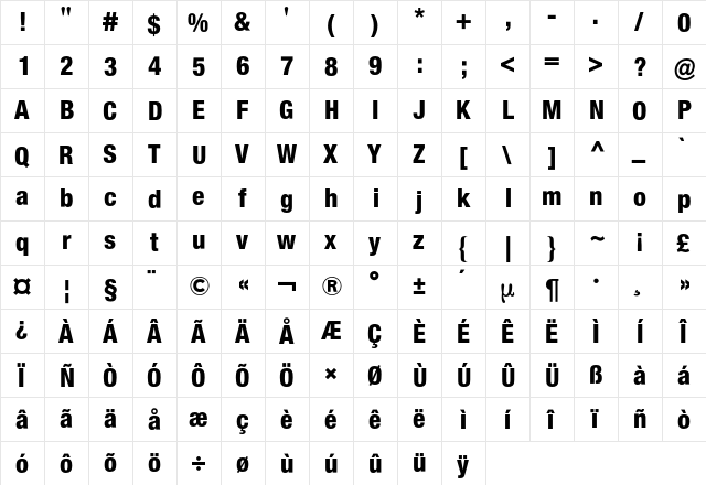 Neue Helvetica Condensed BQ Regular  glyph index