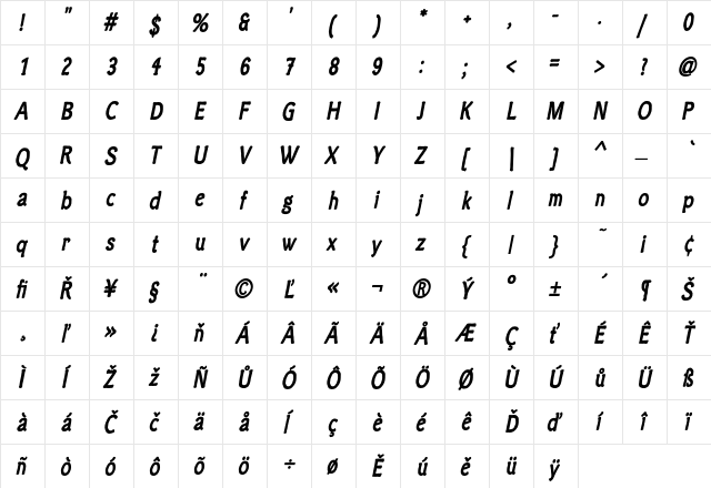 Clichee BoldOblique  glyph index