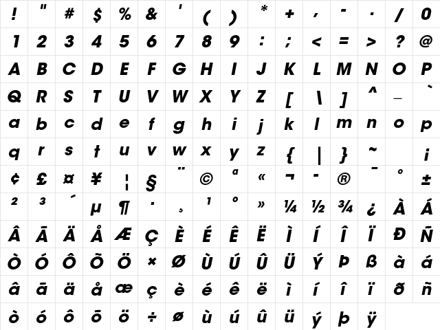 ITC Avant Garde Gothic Std Bold Oblique  glyph index