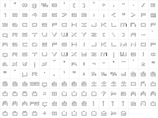 Sky Ridge 3D Condensed Regular  glyph index