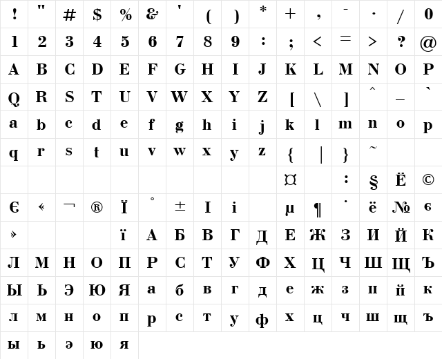 Uk_Bodoni Bold  glyph index