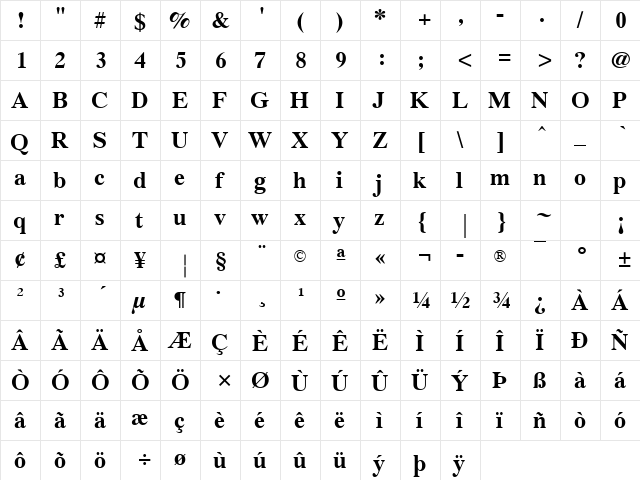 PC Tennessee Bold  glyph index