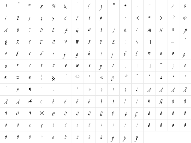 SlenderGoldFLF Regular  glyph index
