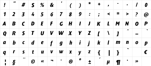 DendaNewBlackCondC Italic  glyph index