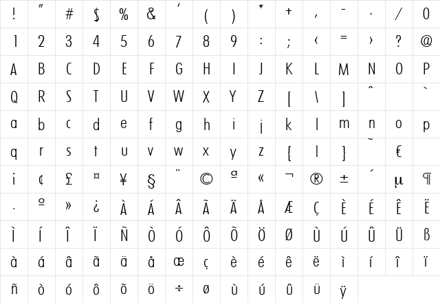 Limerick-LightCond Regular  glyph index
