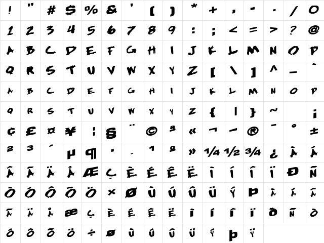 HardlyLeft55 Bold  glyph index