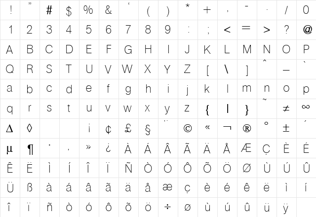 AtkinsUltraLight Regular  glyph index
