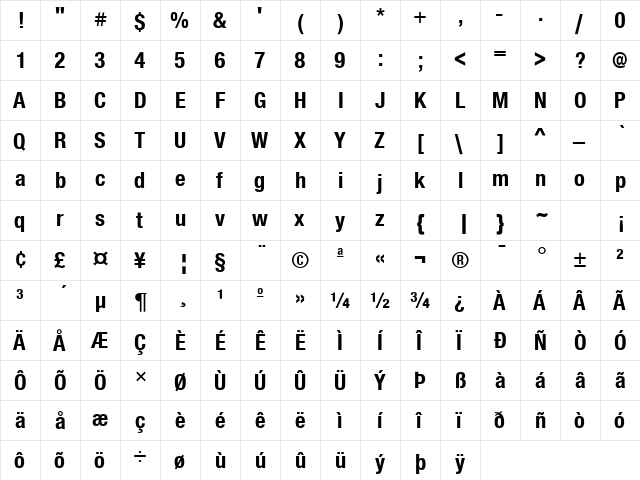 Sans Condensed BOLD  glyph index