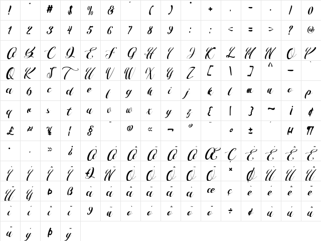 The Shinda Regular  glyph index