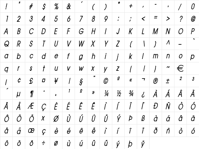 AtillaThin BoldItalic  glyph index