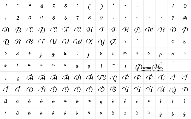 Dream Her Regular  glyph index